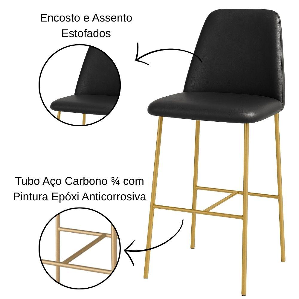 Banqueta Turquia Couro Preto em Metal Dourado