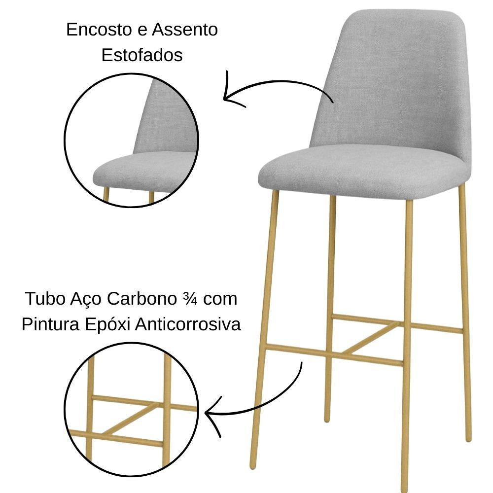 Banqueta Turquia Linho Cinza Claro em Metal Dourado