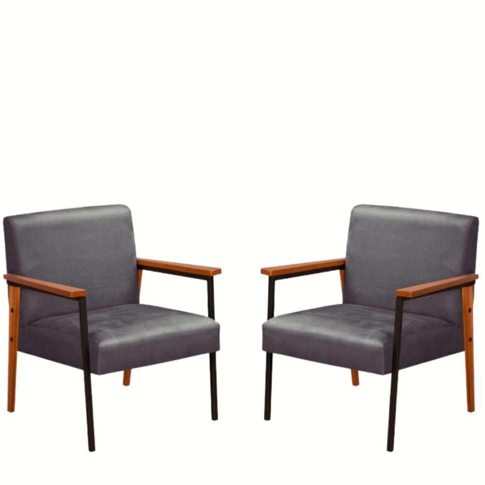 Kit 2 Poltrona Fontana Veludo Cinza Base em Metal Preto e Madeira