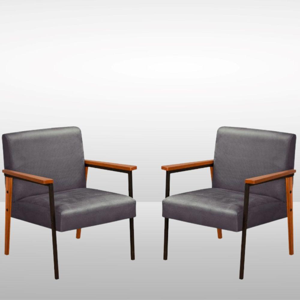 Kit 2 Poltrona Fontana Veludo Cinza Base em Metal Preto e Madeira