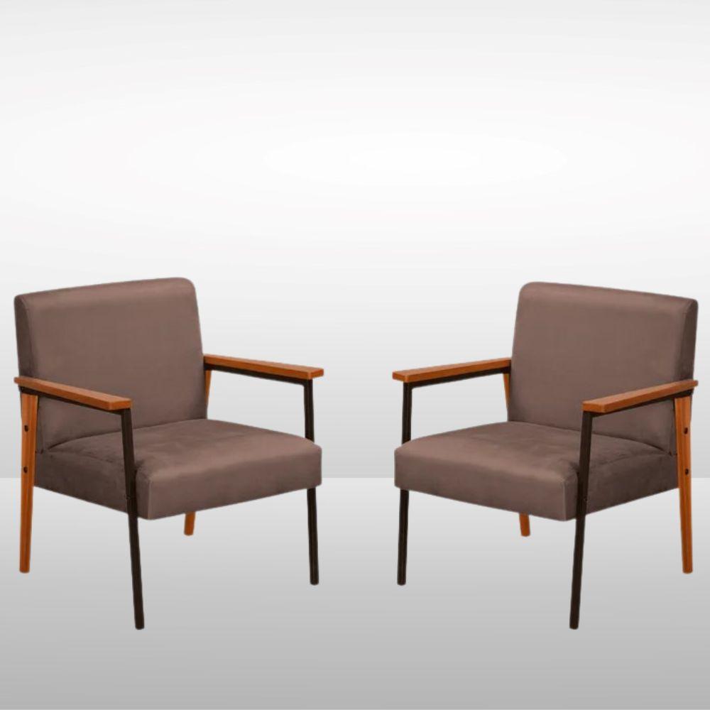 Kit 2 Poltrona Fontana Veludo Marrom Base em Metal Preto e Madeira