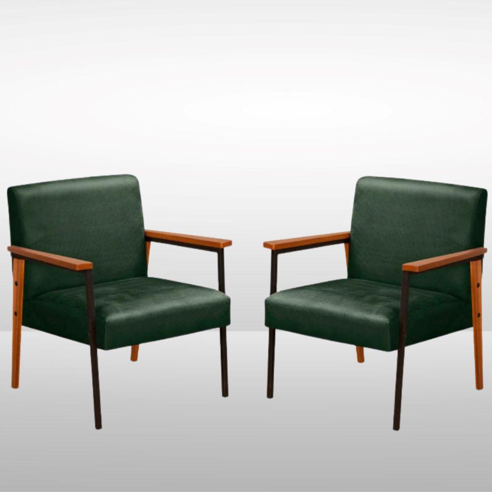 Kit 2 Poltrona Fontana Veludo Verde Base em Metal Preto e Madeira