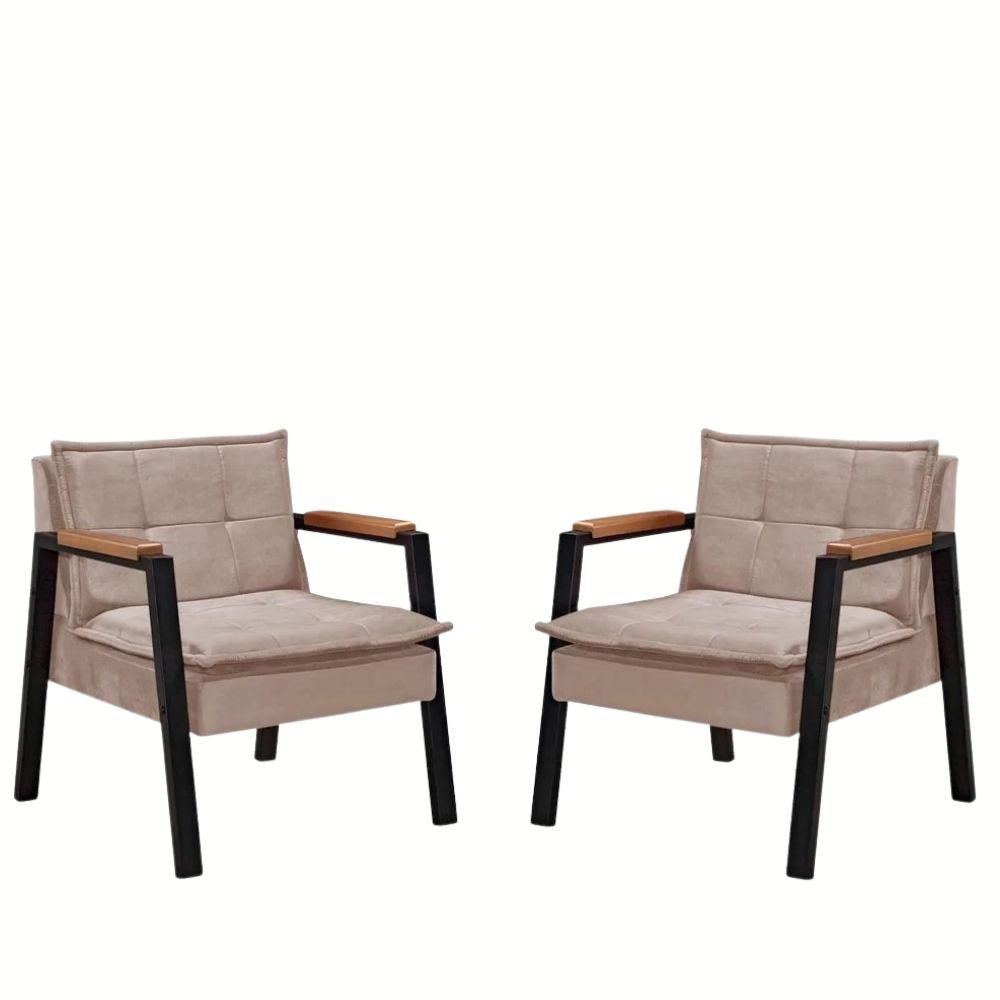 Kit 2 Poltrona Fortaleza Veludo Capuccino Base em Metal Preto