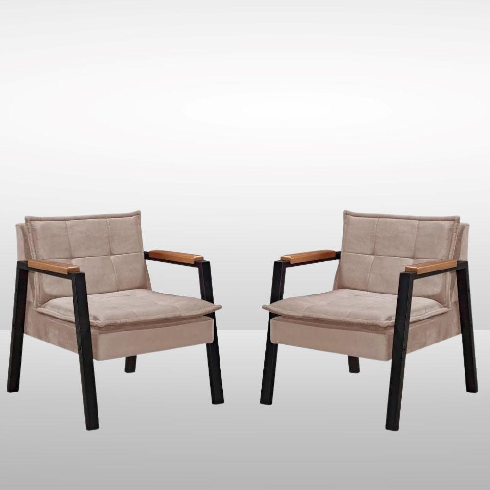 Kit 2 Poltrona Fortaleza Veludo Capuccino Base em Metal Preto
