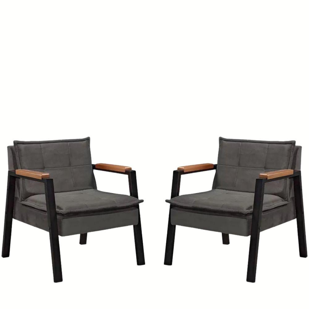 Kit 2 Poltrona Fortaleza Veludo Cinza Base em Metal Preto