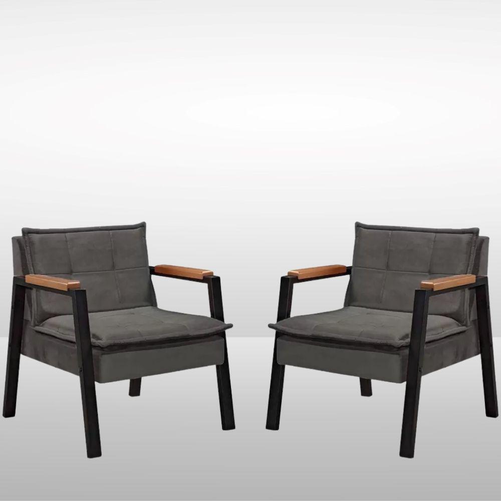 Kit 2 Poltrona Fortaleza Veludo Cinza Base em Metal Preto