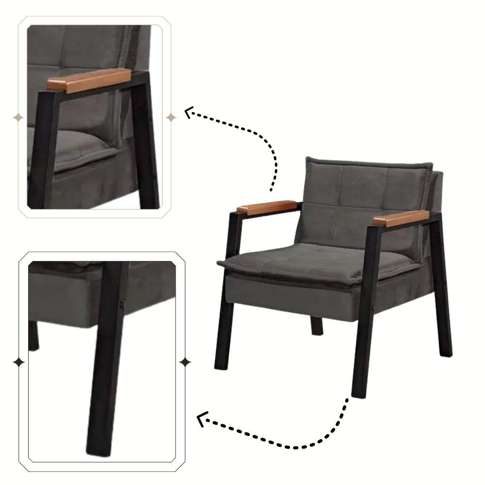 Kit 2 Poltrona Fortaleza Veludo Cinza Base em Metal Preto