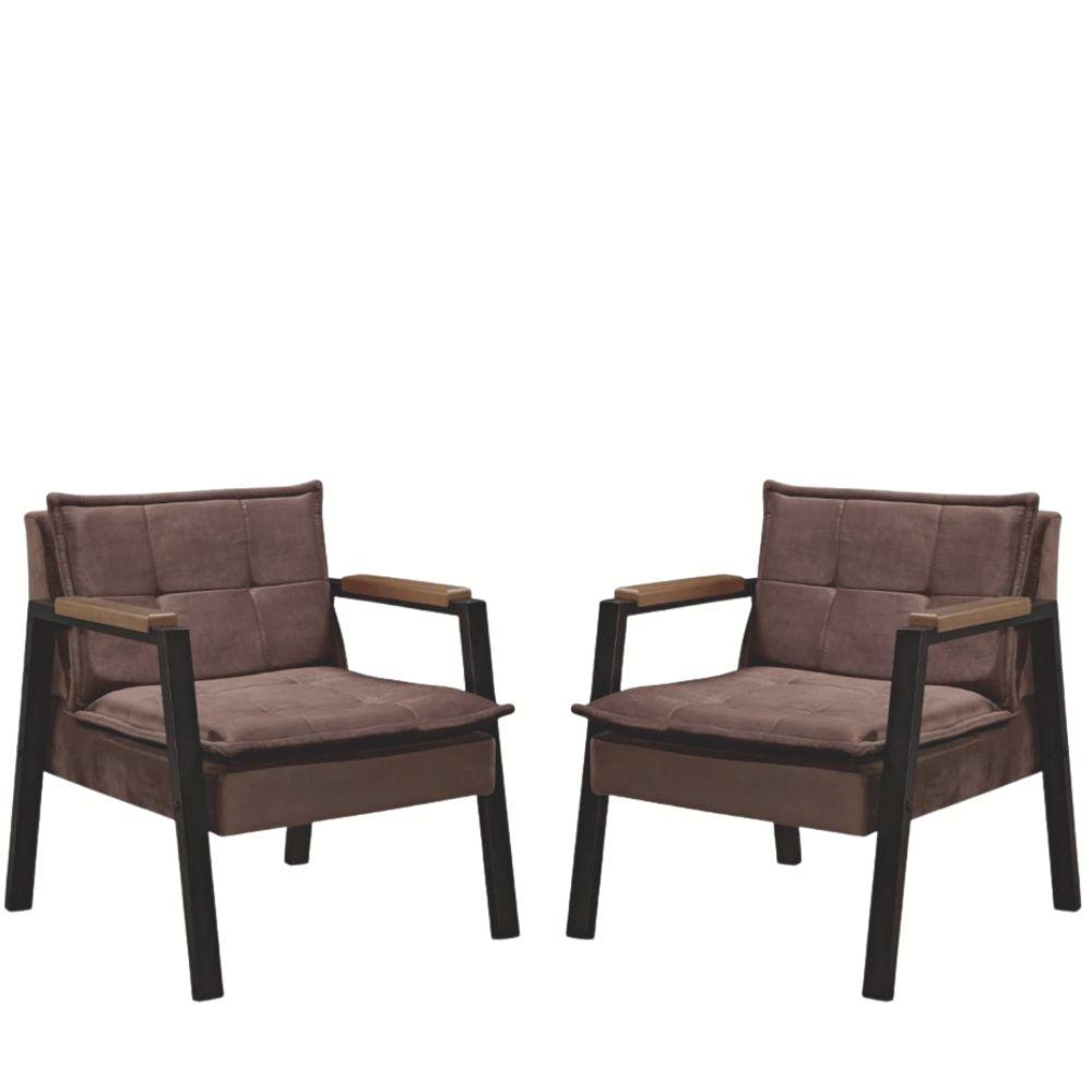 Kit 2 Poltrona Fortaleza Veludo Marrom Base em Metal Preto