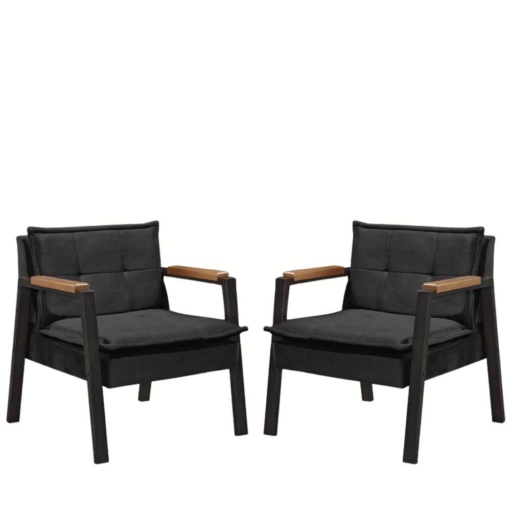 Kit 2 Poltrona Fortaleza Veludo Preto Base em Metal Preto