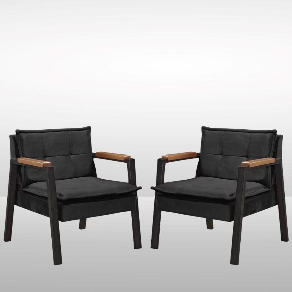 Kit 2 Poltrona Fortaleza Veludo Preto Base em Metal Preto