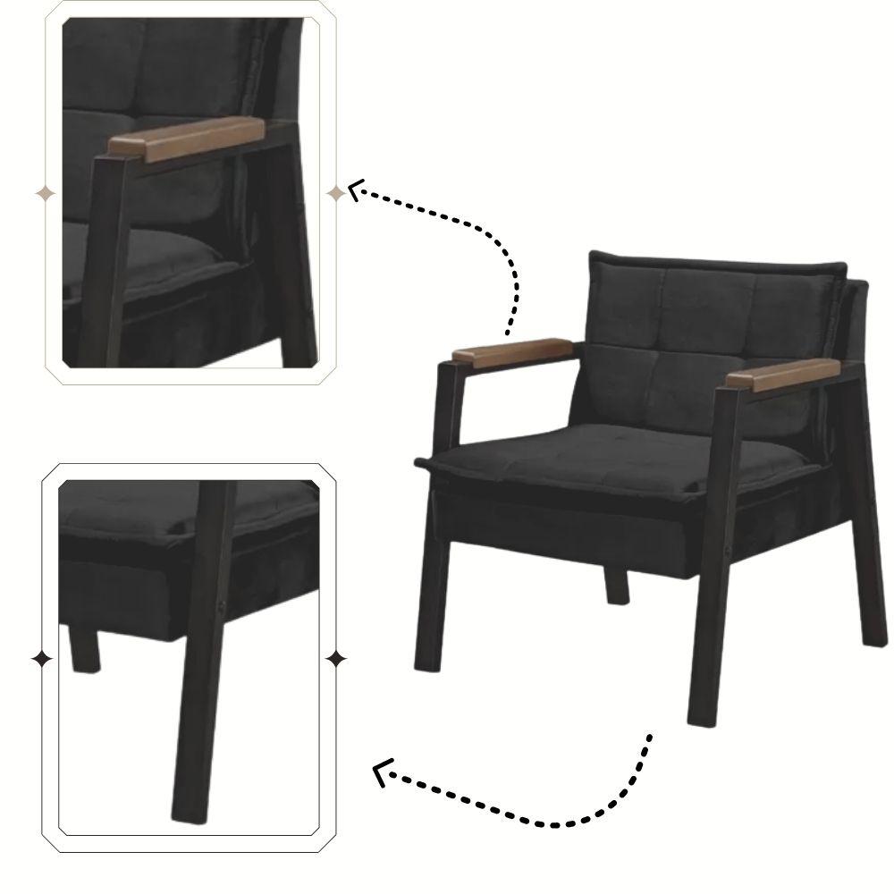 Kit 2 Poltrona Fortaleza Veludo Preto Base em Metal Preto