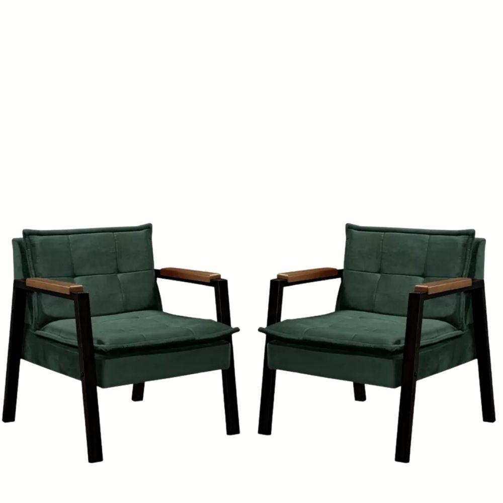 Kit 2 Poltrona Fortaleza Veludo Verde Base em Metal Preto