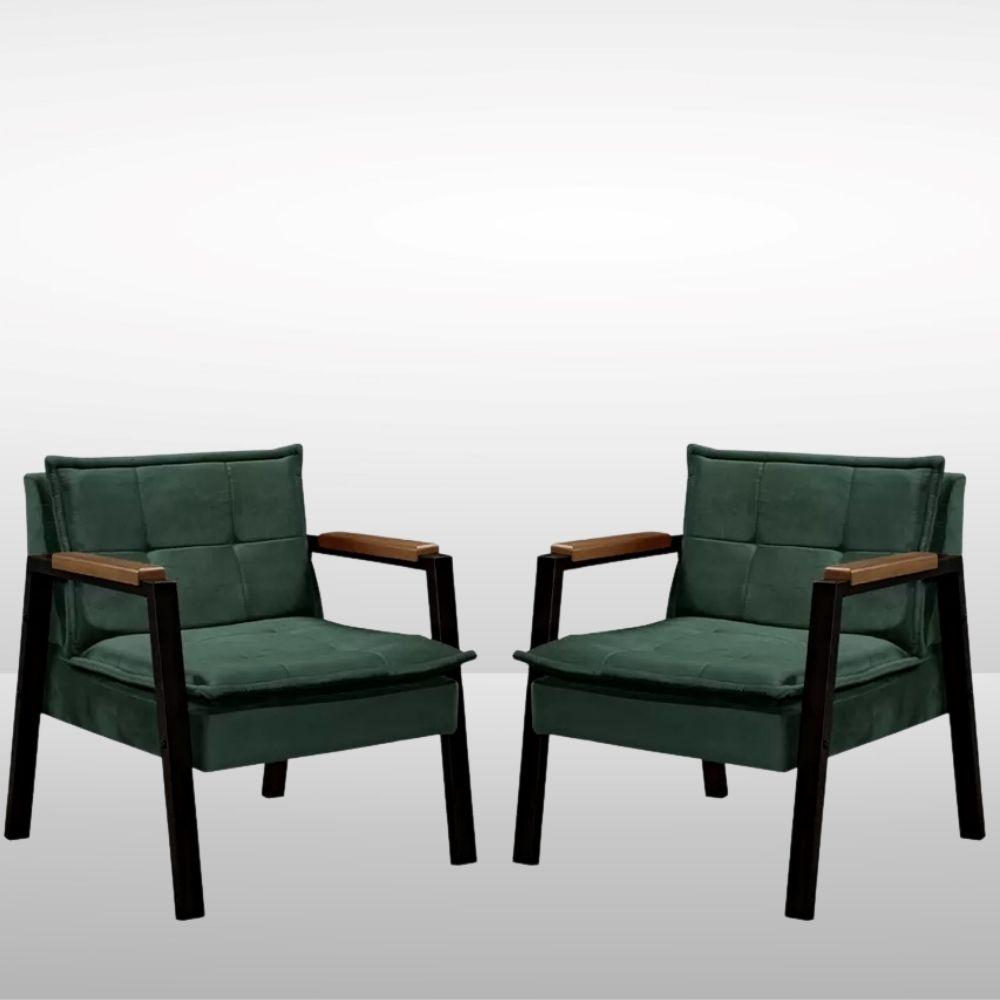 Kit 2 Poltrona Fortaleza Veludo Verde Base em Metal Preto