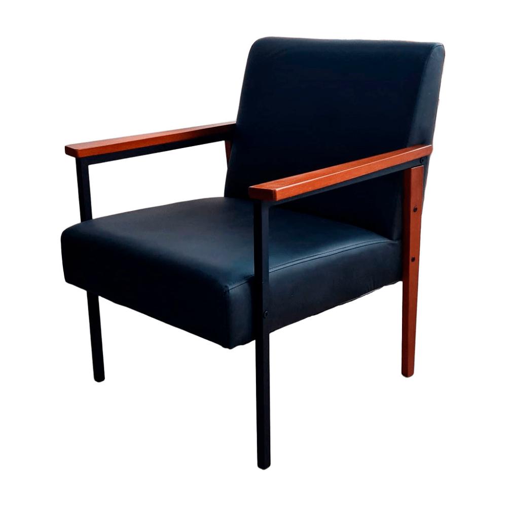 Poltrona Fontana Courino Preto Base em Metal Preto e Madeira