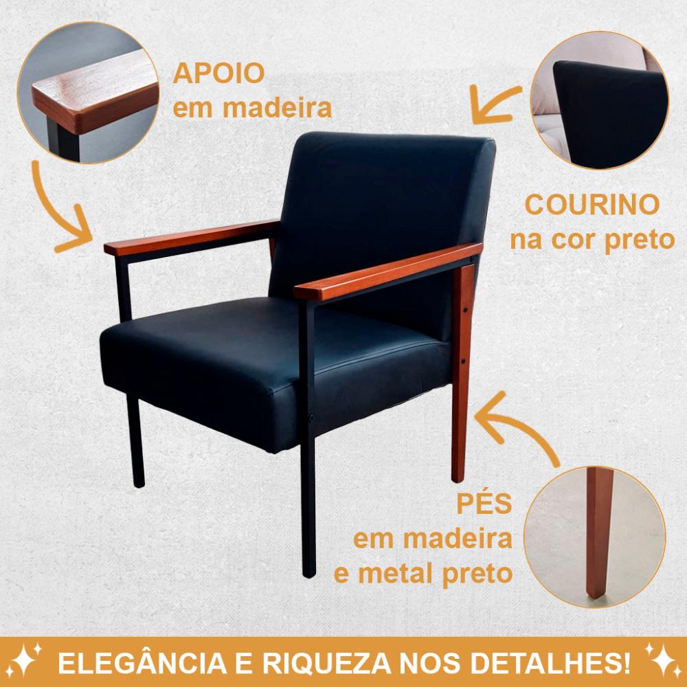 Poltrona Fontana Courino Preto Base em Metal Preto e Madeira