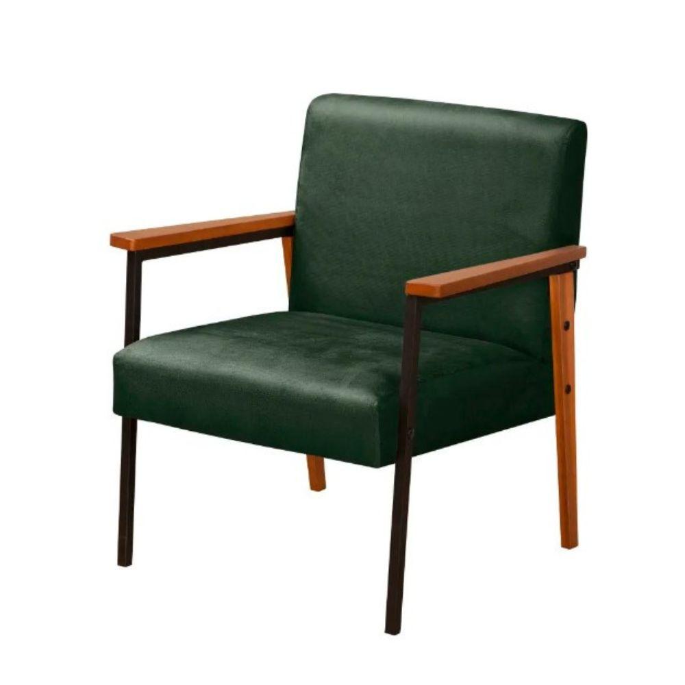 Poltrona Fontana Veludo Verde Base em Metal Preto e Madeira