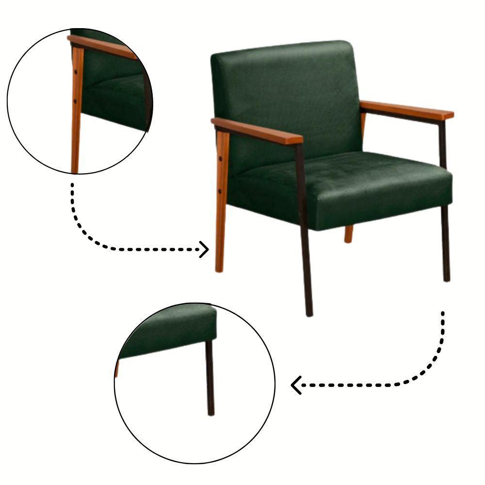Poltrona Fontana Veludo Verde Base em Metal Preto e Madeira