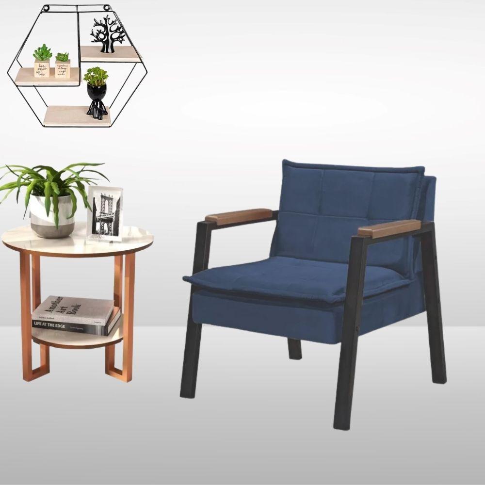 Poltrona Fortaleza Veludo Azul Base em Metal Preto
