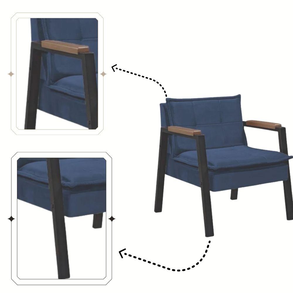 Poltrona Fortaleza Veludo Azul Base em Metal Preto