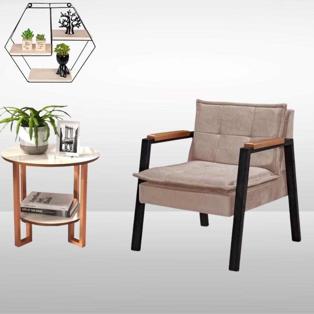 Poltrona Fortaleza Veludo Capuccino Base em Metal Preto