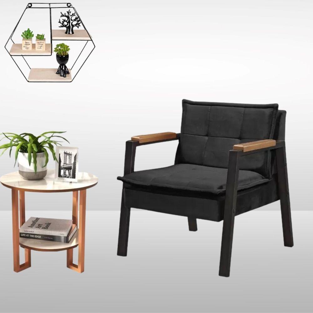 Poltrona Fortaleza Veludo Preto Base em Metal Preto