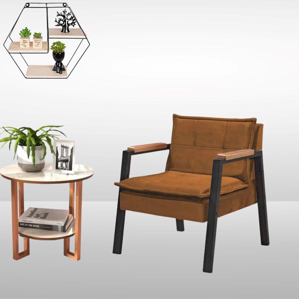 Poltrona Fortaleza Veludo Terracota Base em Metal Preto