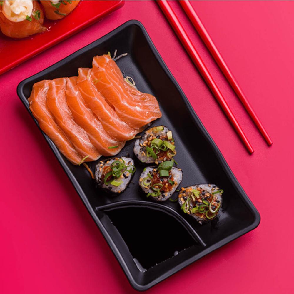 2 Pratos para Sushi com Porta Shoyu 19x12cm Melamina Preta Retangular Comida Japonesa