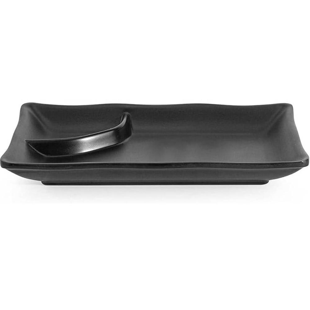 2 Pratos para Sushi com Porta Shoyu 19x12cm Melamina Preta Retangular Comida Japonesa