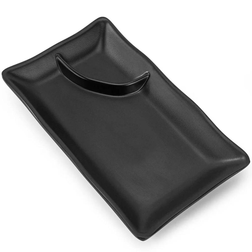 Prato para Sushi Sashimi Com Porta Shoyu 19x12cm Melamina Preto Comida Japonesa