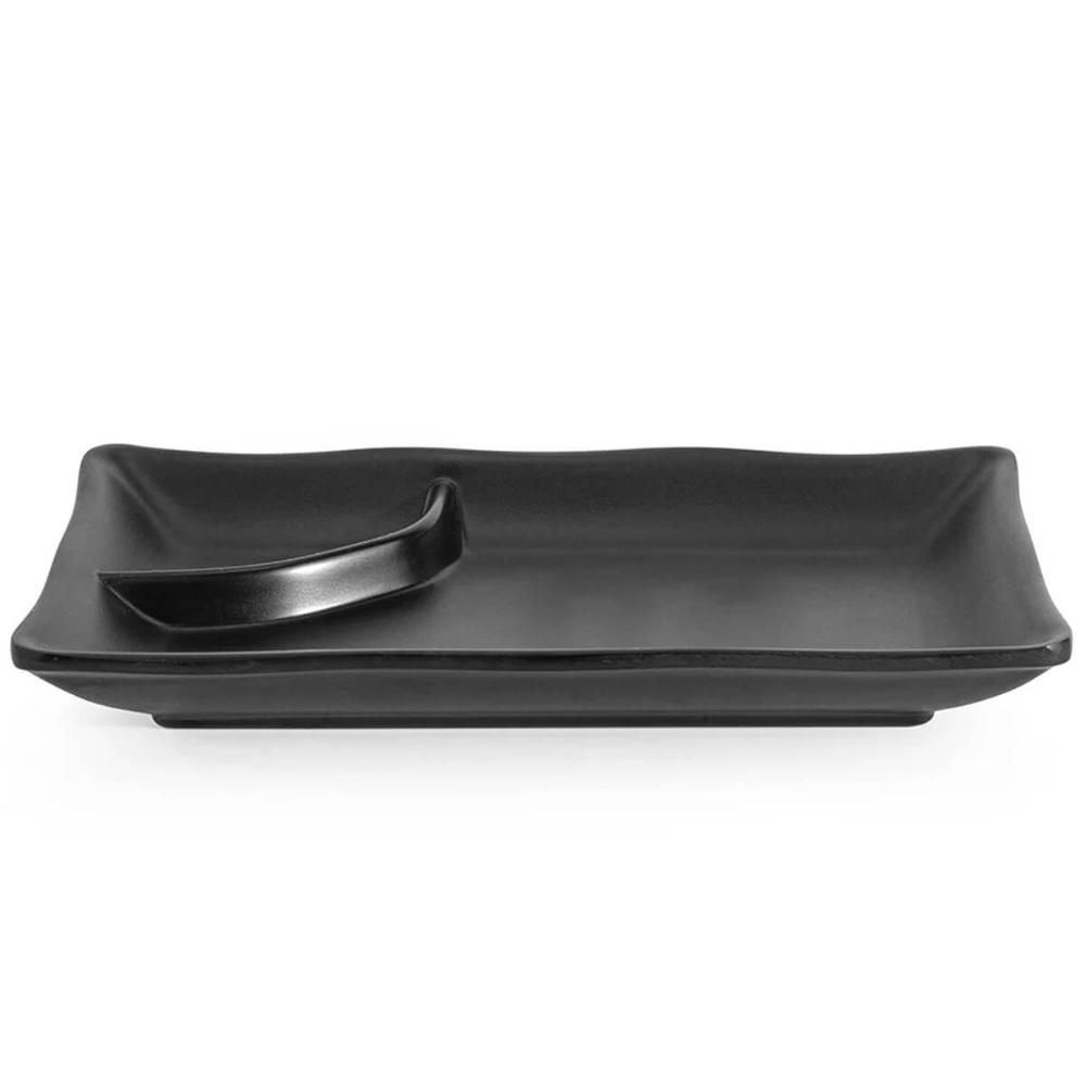 Prato para Sushi Sashimi Com Porta Shoyu 19x12cm Melamina Preto Comida Japonesa