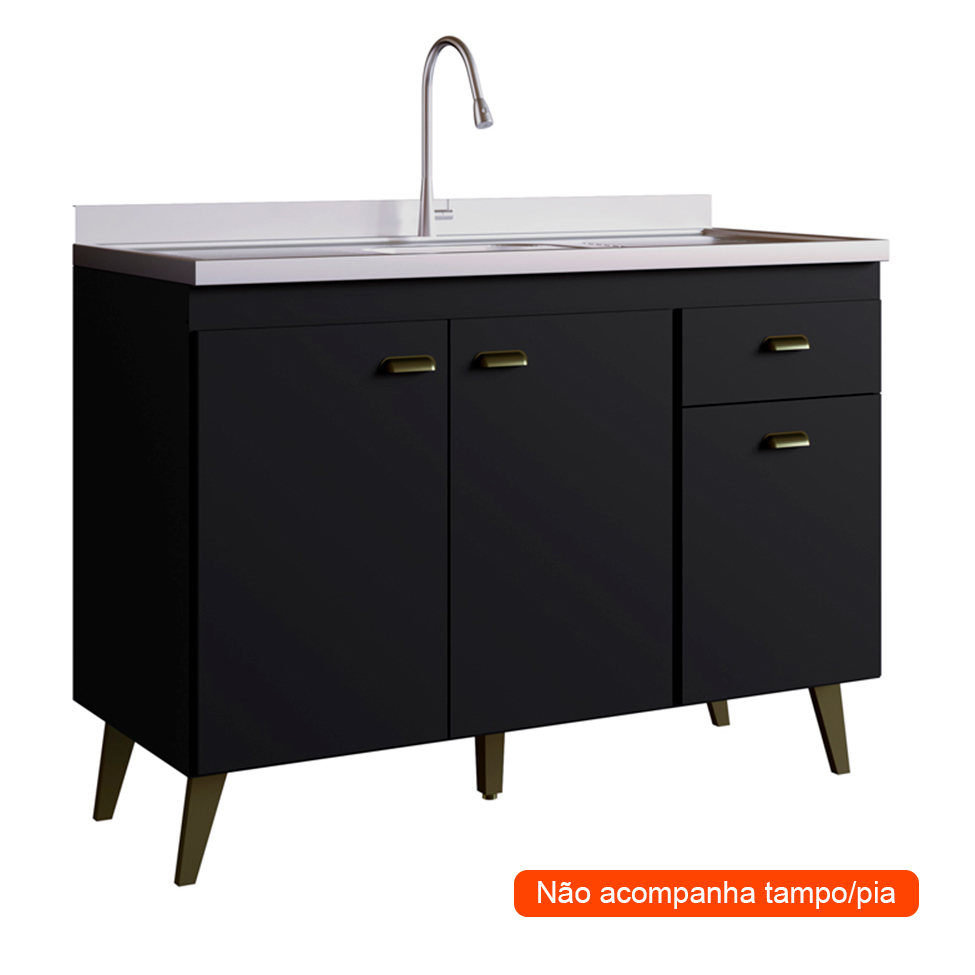 Balcão Cozinha Atena 3 PT 1 GV Onix Preto