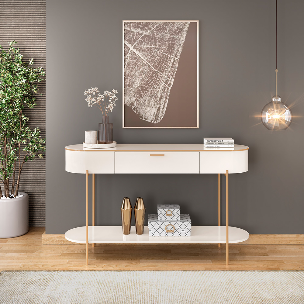 Aparador Decorativo Amanda 1 Gaveta e 1 Prateleira Pés Metálicos Dourados Off White G18 - Gran Belo