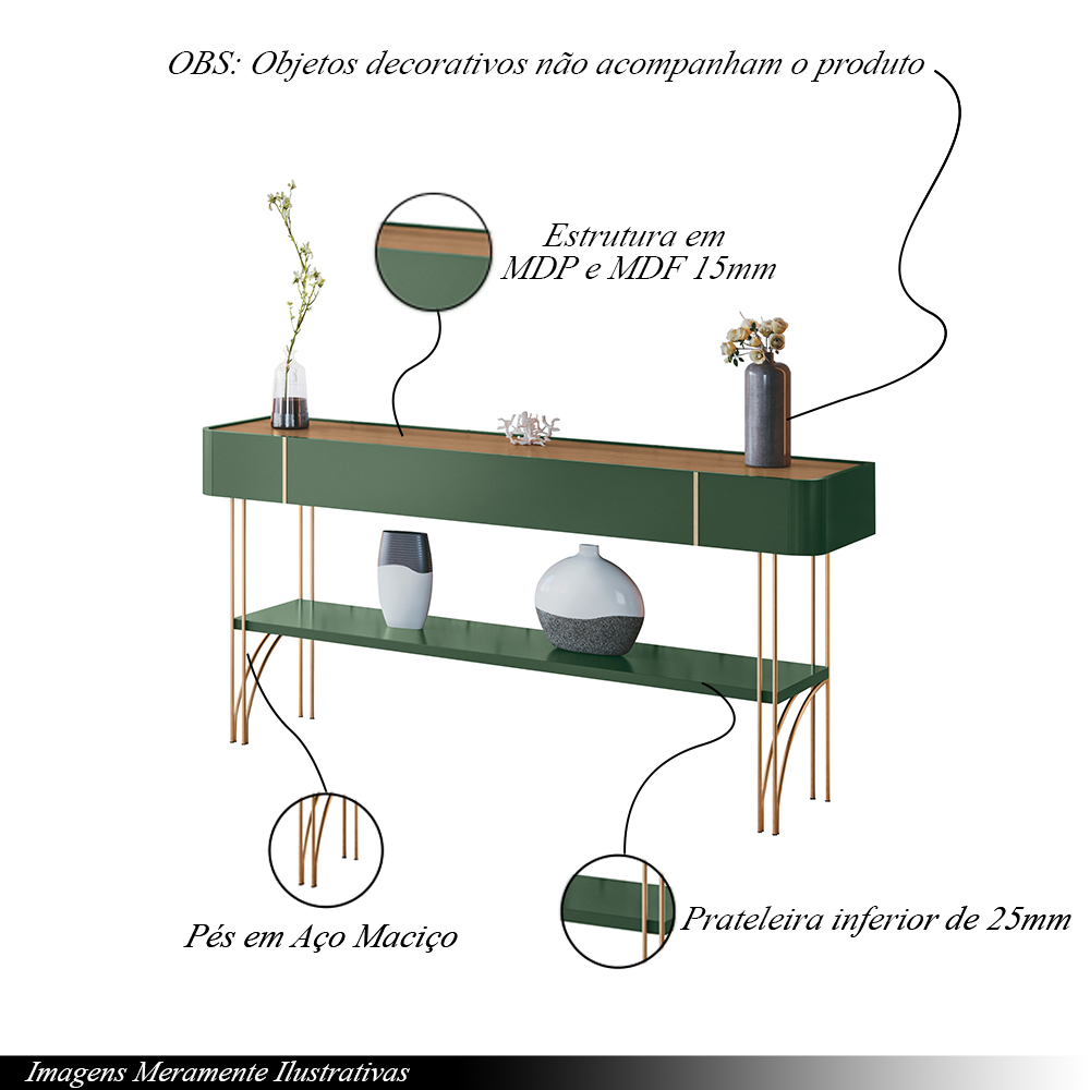 Aparador Decorativo Rennes MDP/MDF Pés de Aço Verde Pistache/Freijó G26 - Gran Belo
