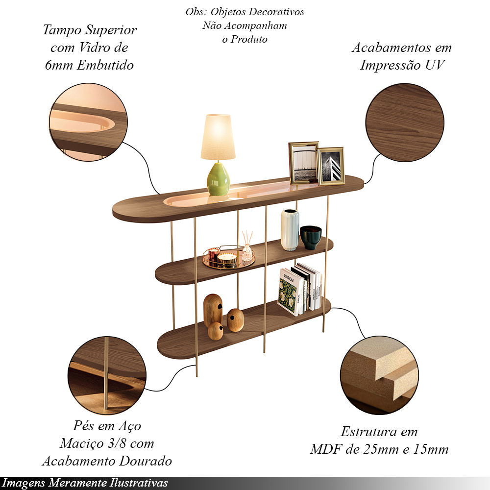 Aparador Decorativo Sala de Estar Walker Pés em Aço Tampo Vidro Castanho G26 - Gran Belo
