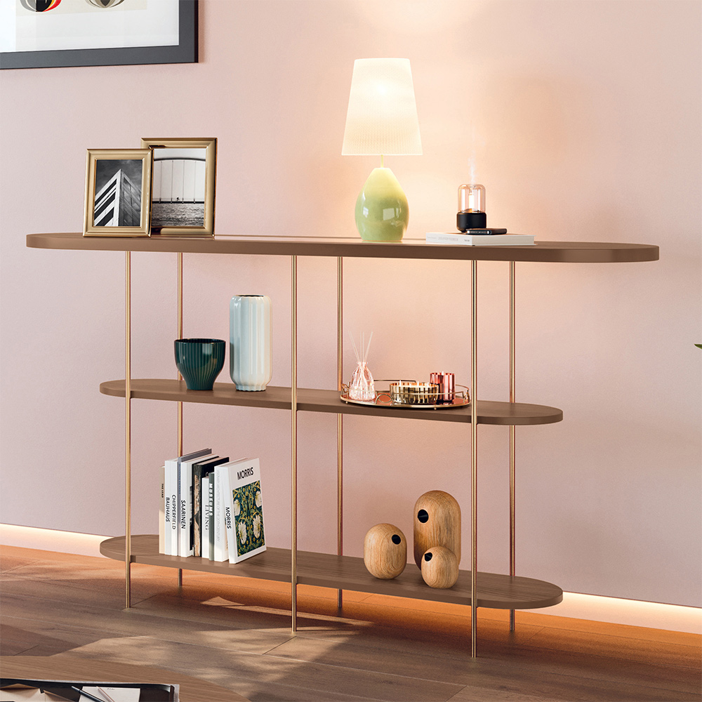 Aparador Decorativo Sala de Estar Walker Pés em Aço Tampo Vidro Castanho G26 - Gran Belo