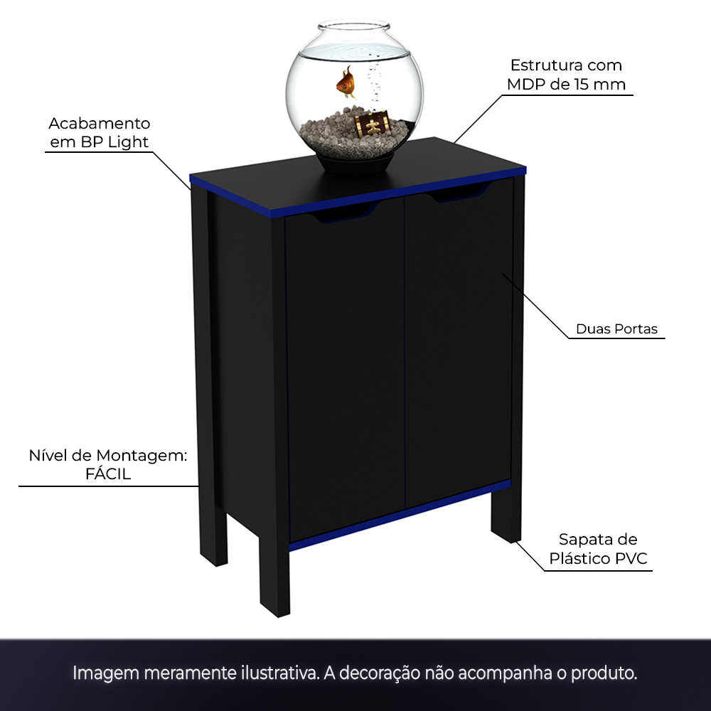 Armário 2 Portas para Escritório Home Office Gamer ME4164 MDP Preto/Azul G69 - Gran Belo