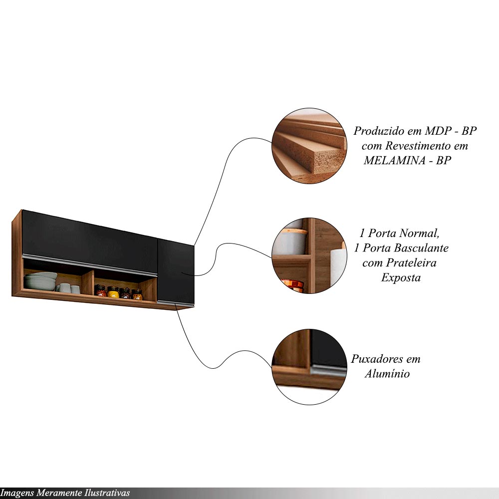 Armário Aéreo Dodoma MDP/BP Freijó/Preto G96 - Gran Belo