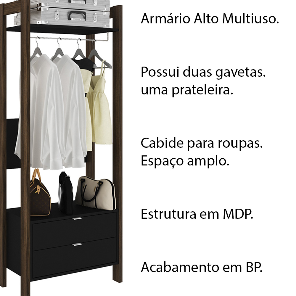 Armário Alto Closet para Escritório Home Office AZ1011 MDP Preto/Nogal G69 - Gran Belo