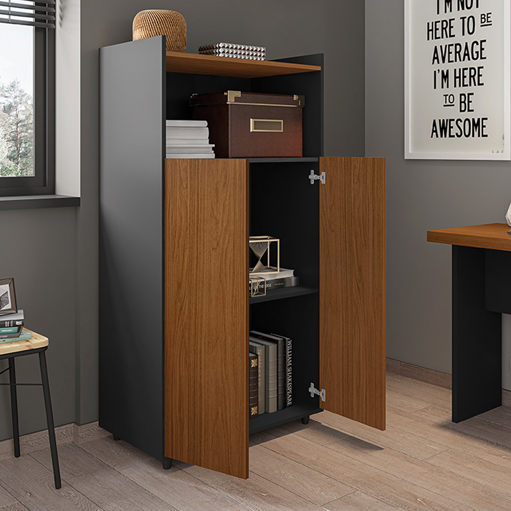 Armário Alto Decorativo Home Office 2 Portas Rocky MDP/BP Nogueira/Preto G11 - Gran Belo
