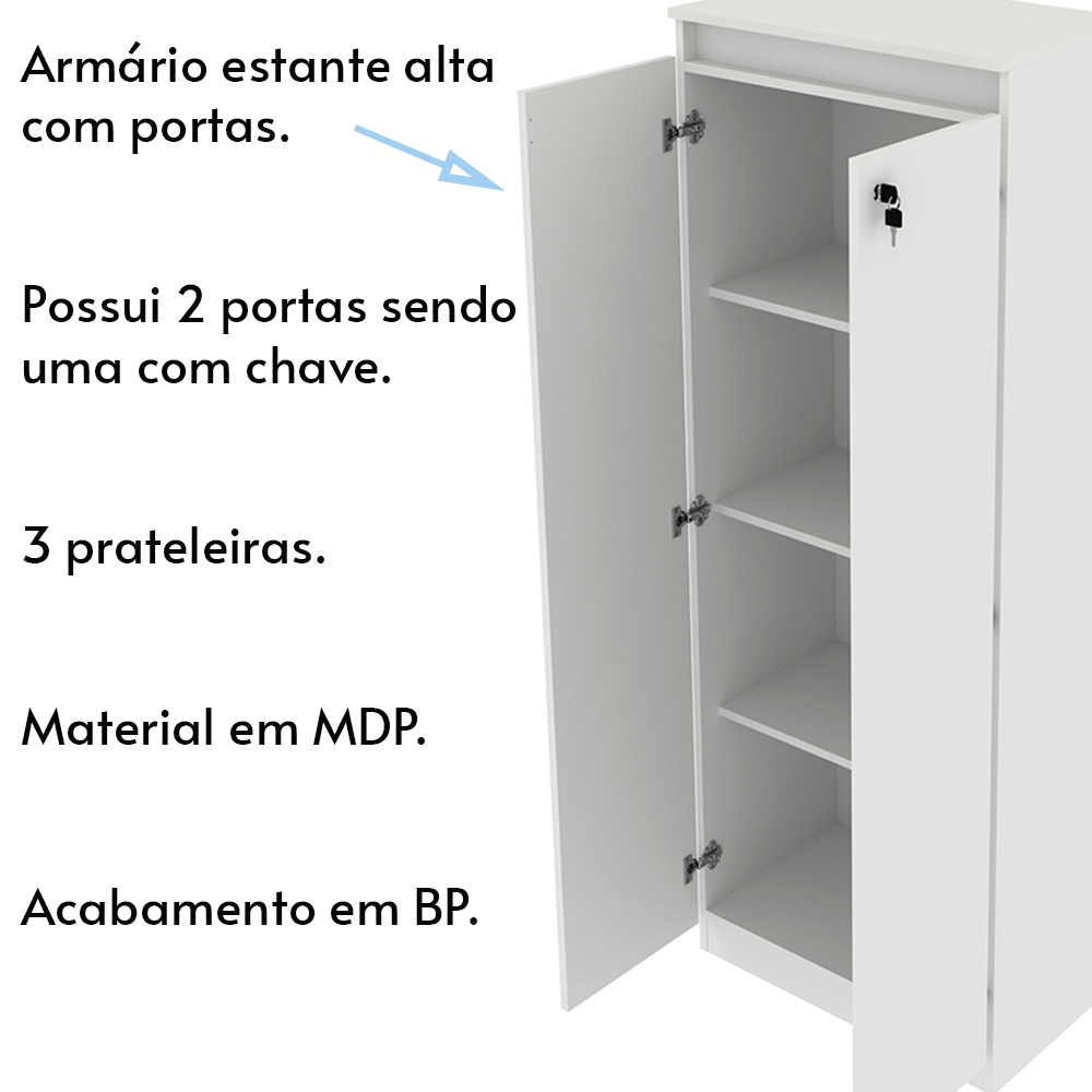 Armário Alto com Tranca para Escritório Home Office ME4151 MDP Branco G69 - Gran Belo