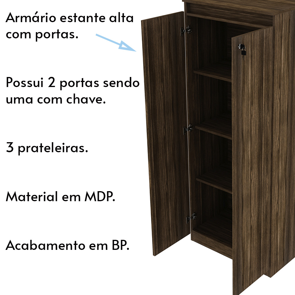 Armário Alto com Tranca para Escritório Home Office ME4151 MDP Nogal G69 - Gran Belo