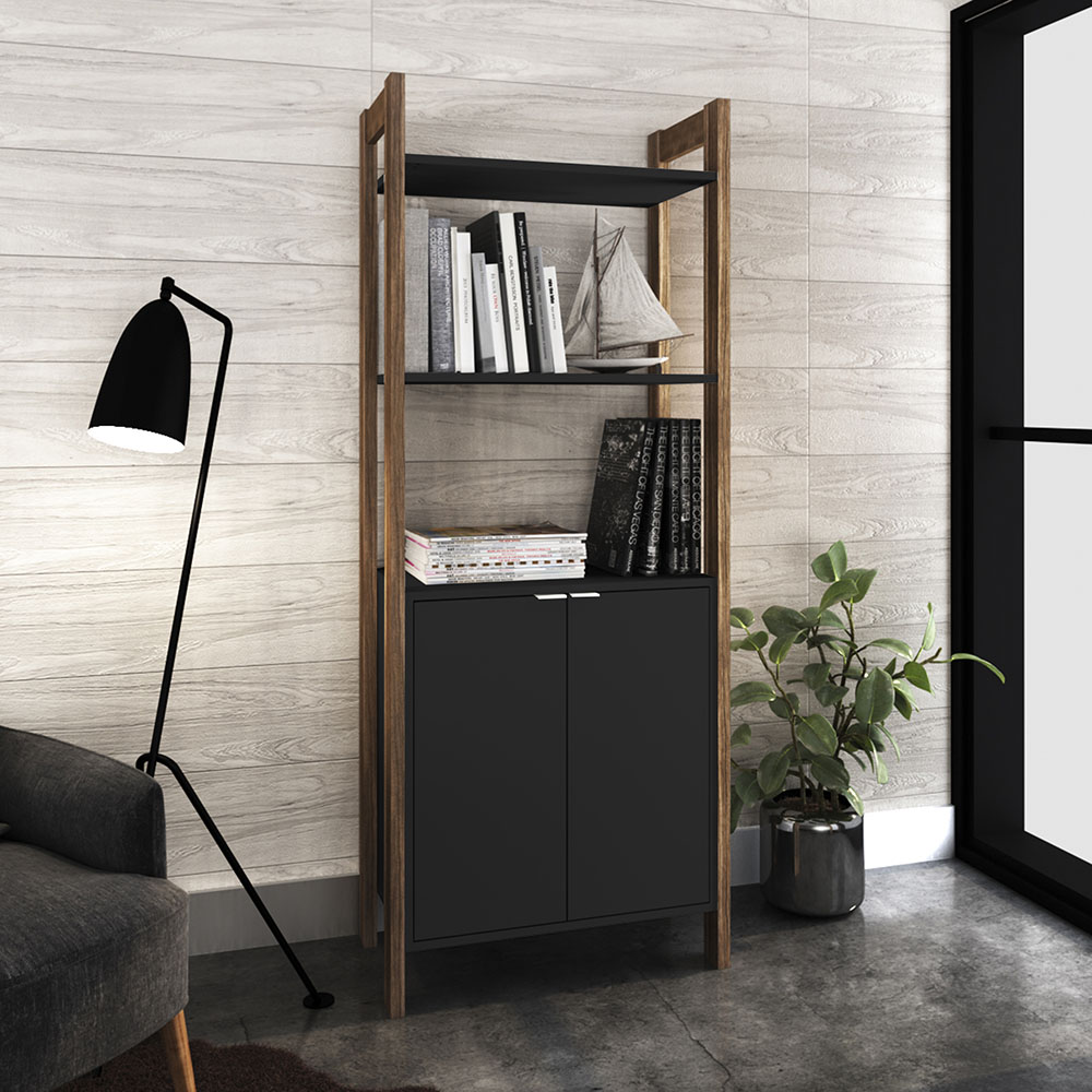 Armário Alto para Escritório Home Office AZ1009 MDP Preto/Nogal G69 - Gran Belo