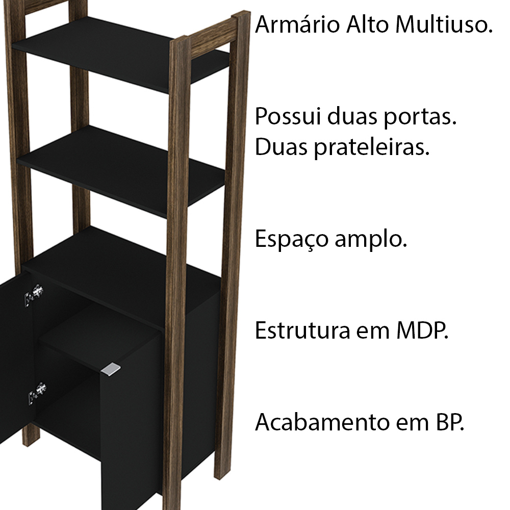 Armário Alto para Escritório Home Office AZ1009 MDP Preto/Nogal G69 - Gran Belo