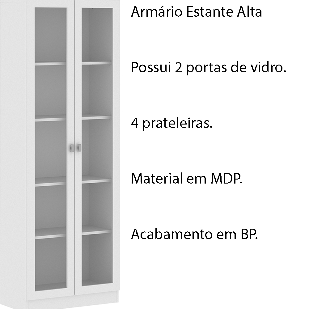 Armário Estante Alto Porta de Vidro ME4115 MDP Branco G69