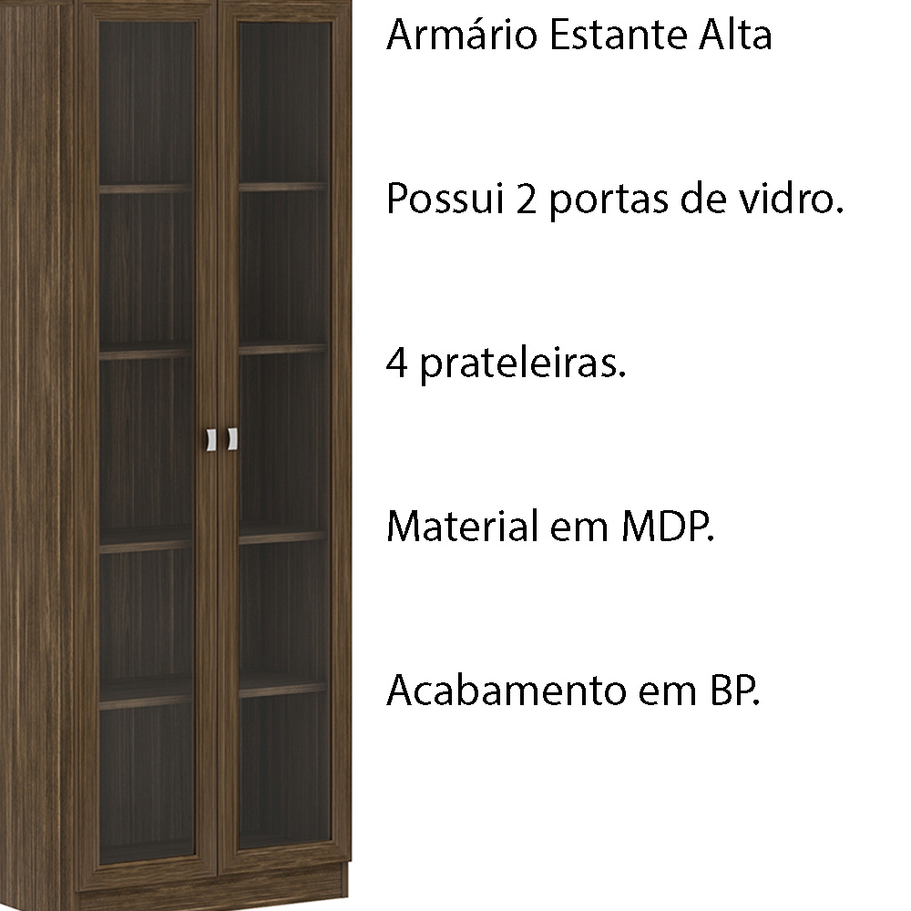 Armário Estante Alto Porta de Vidro ME4115 MDP Nogal G69 - Gran Belo
