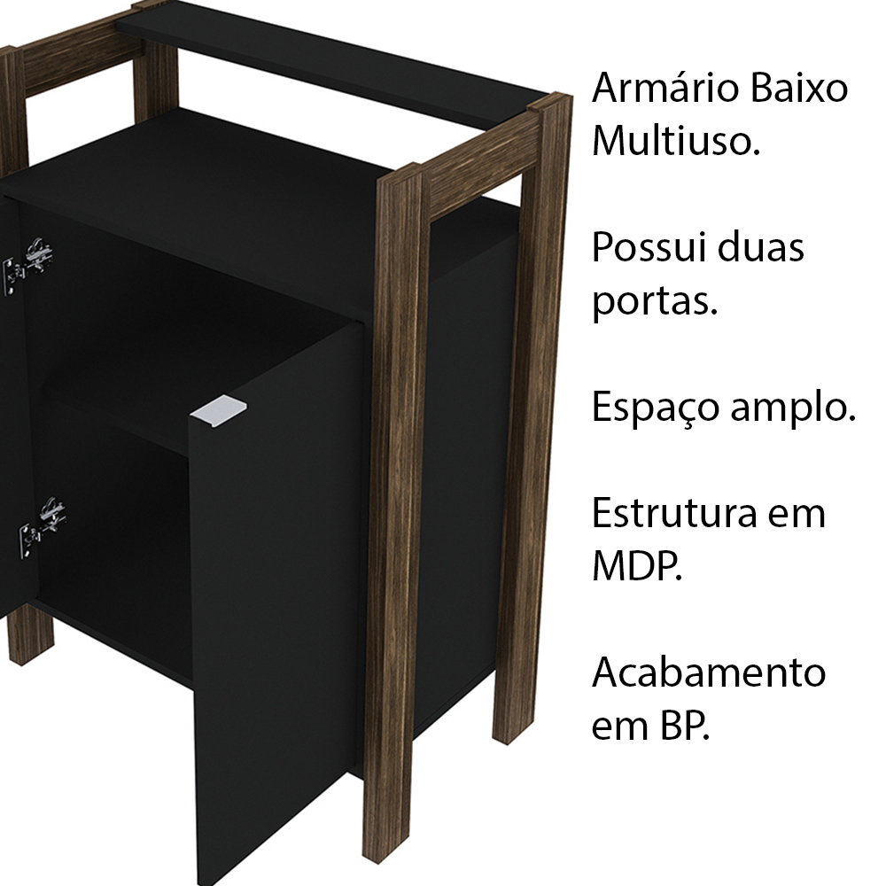 Armário Mesa baixa para Escritório Home Office AZ1008 MDP Preto/Nogal G69 - Gran Belo