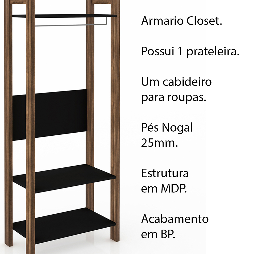 Armario Closet Aberto AZ1029 MDP Preto/Nogal G69 - Gran Belo
