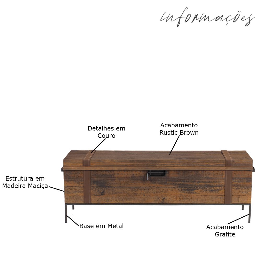 Baú Decorativo para Sala de Estar Quarto Teneci Grafite Madeira Maciça Rustic Brown G54 - Gran Belo