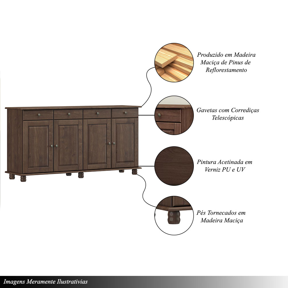 Balcão Madeira Maciça Garnet 4 Portas Café - G74 - Gran Belo