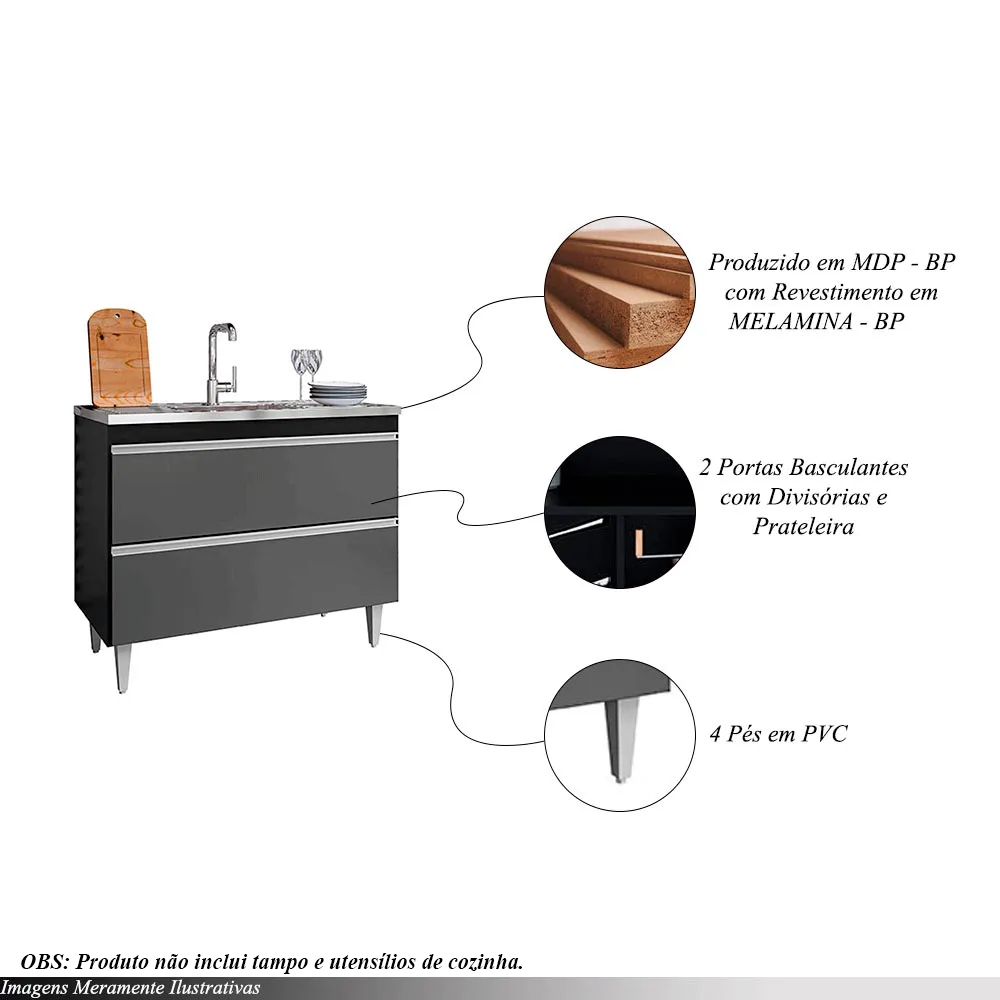 Balcão de Cozinha Wollo MDP/BP Preto/Grafite G96 - Gran Belo